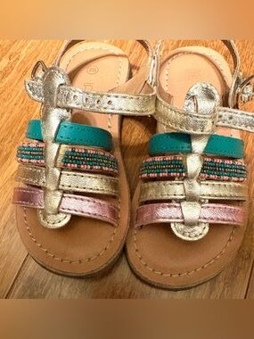 Kids Metallic Gold & Teal Beaded Strap Sandals